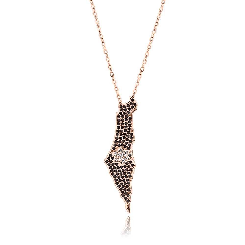 שרשרת ארץ ישראל משובצת אבנים שחורות