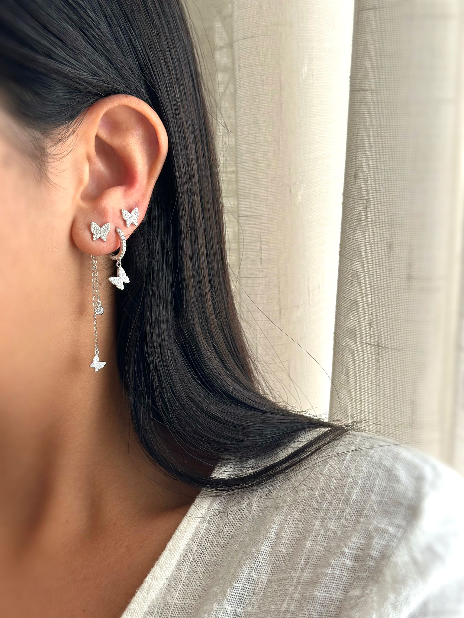 עגיל כסף שרשרת עם פרפרים