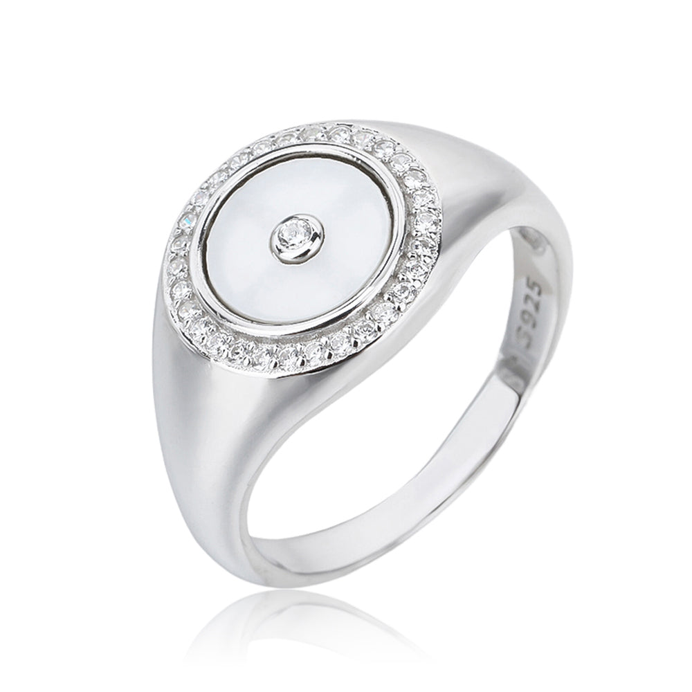 טבעת כסף דיסק משובצת