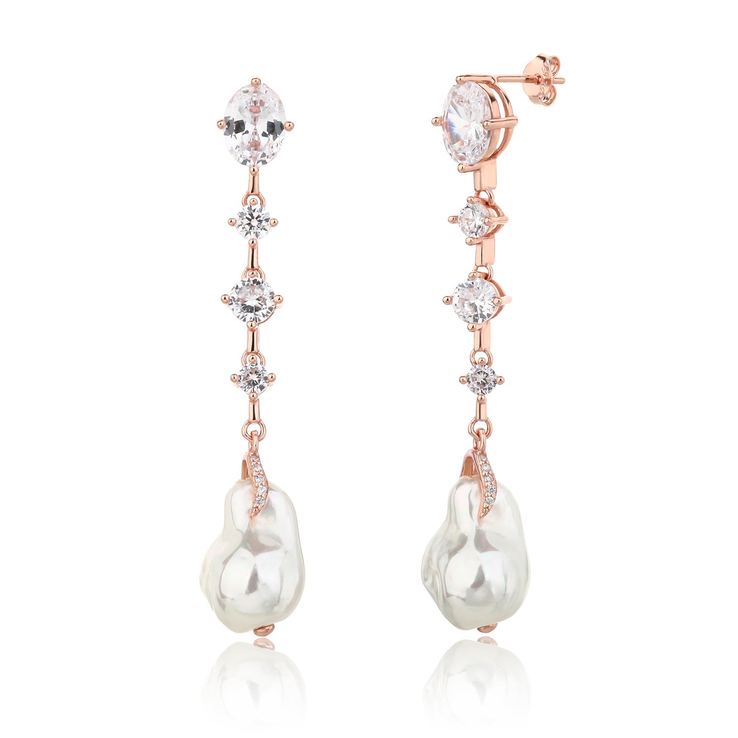 עגיל רוזגולד ארוך עם אבנים ופנינה תלויה