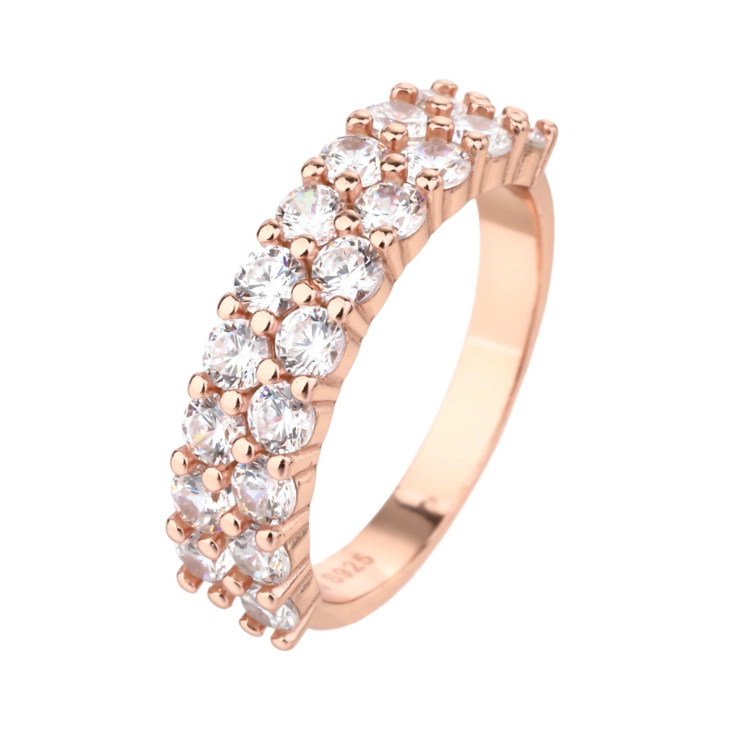 טבעת רוזגולד שתי שורות משובצת אבנים