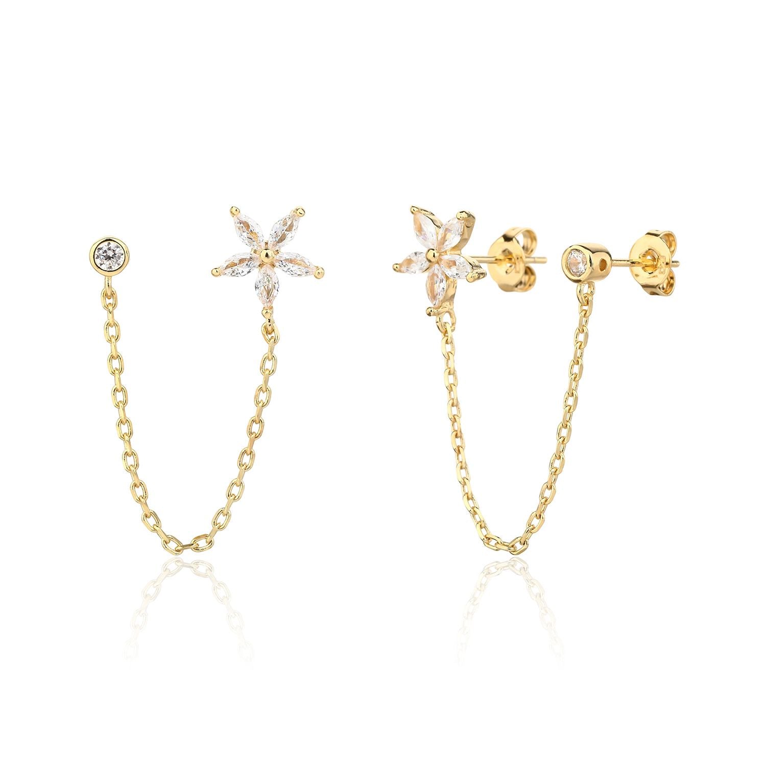 עגיל זהב פרח עם שרשרת משובץ