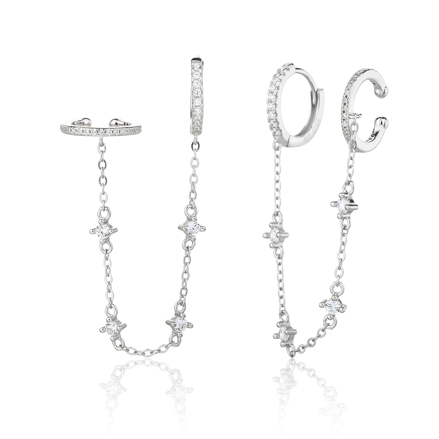 עגיל כסף כפול עם שרשרת משובץ