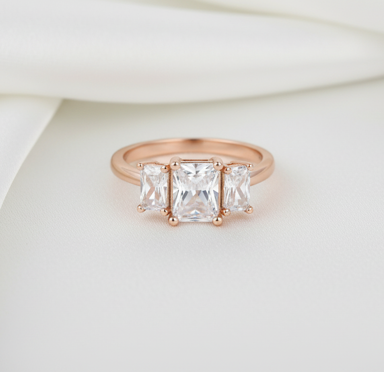 טבעת רוזגולד שלוש אבני מלבן