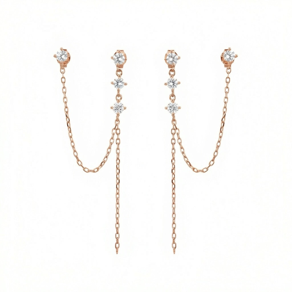 עגיל זהב שני חורים עם שרשרת