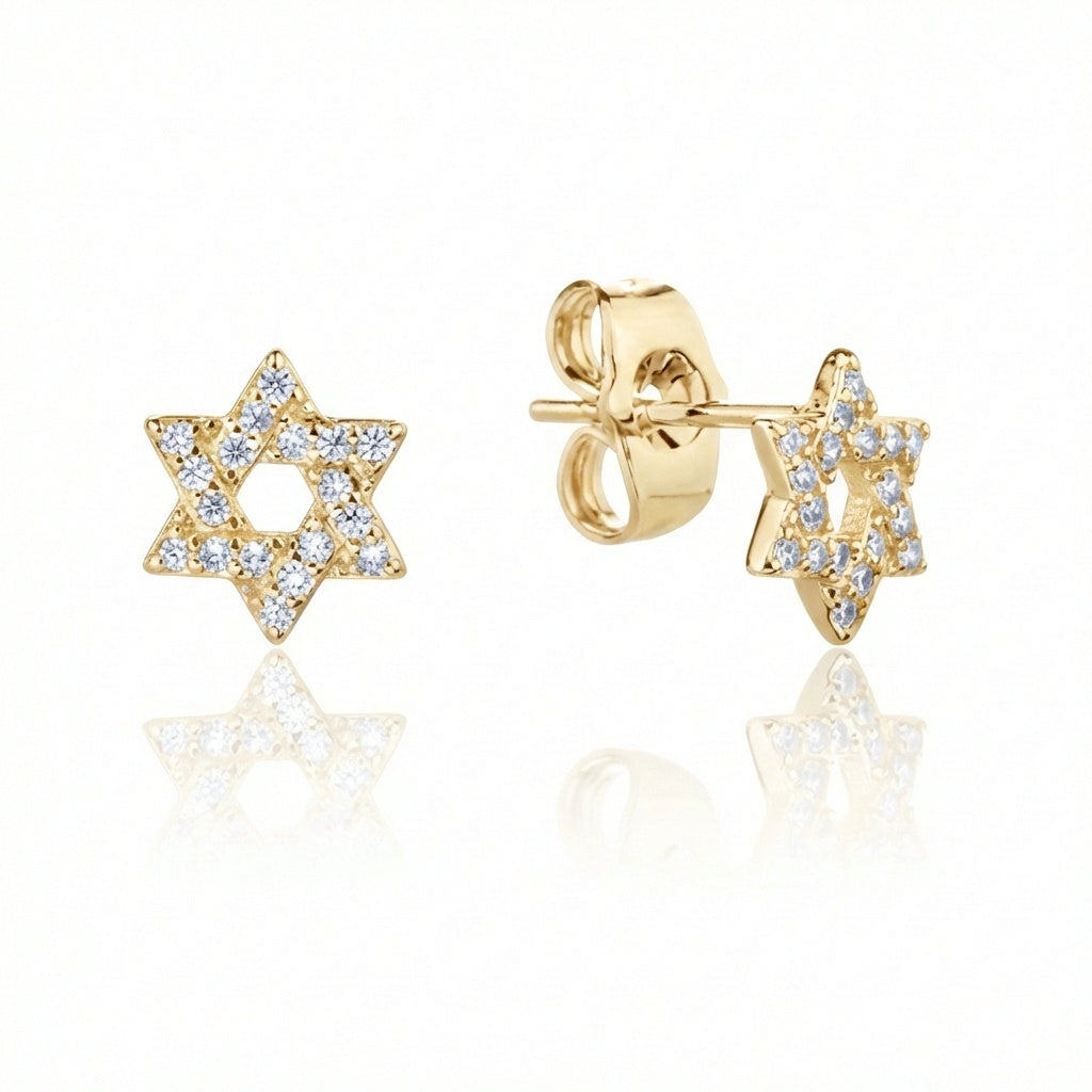 עגיל זהב מגן דוד משובץ