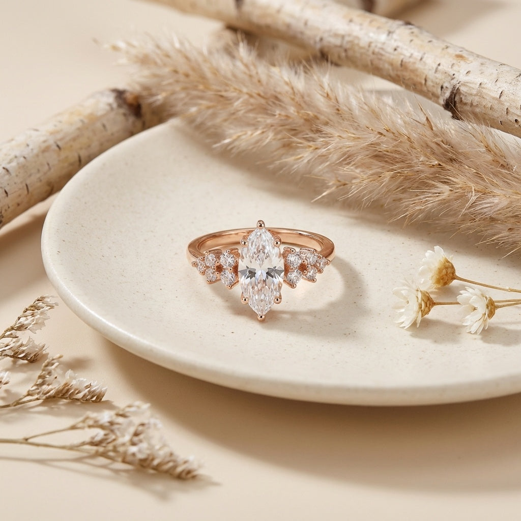 טבעת רוזגולד אבן אליפסה גדולה משובצת